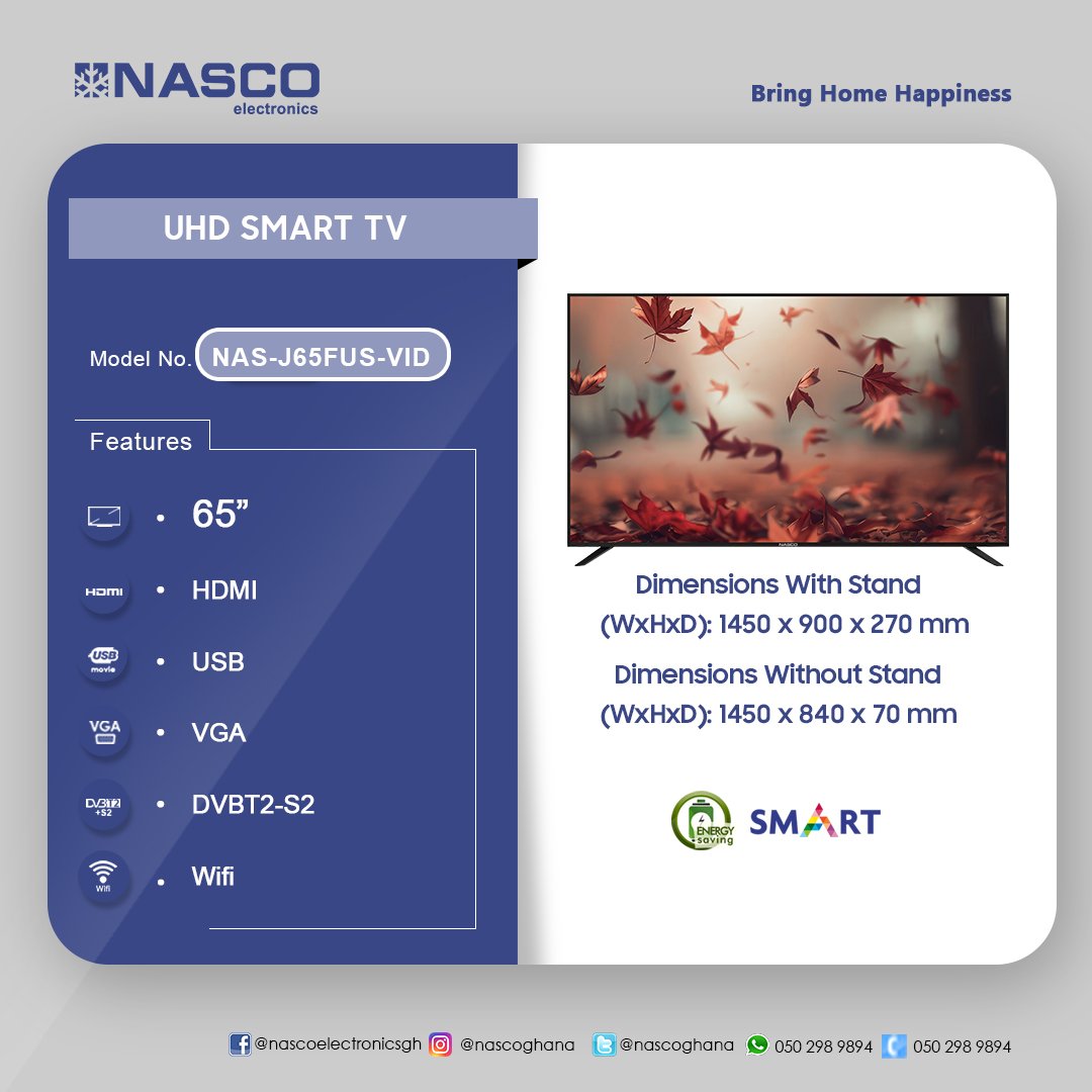 Nasco TV 65" UHD SMART  FLAT- VIDAA