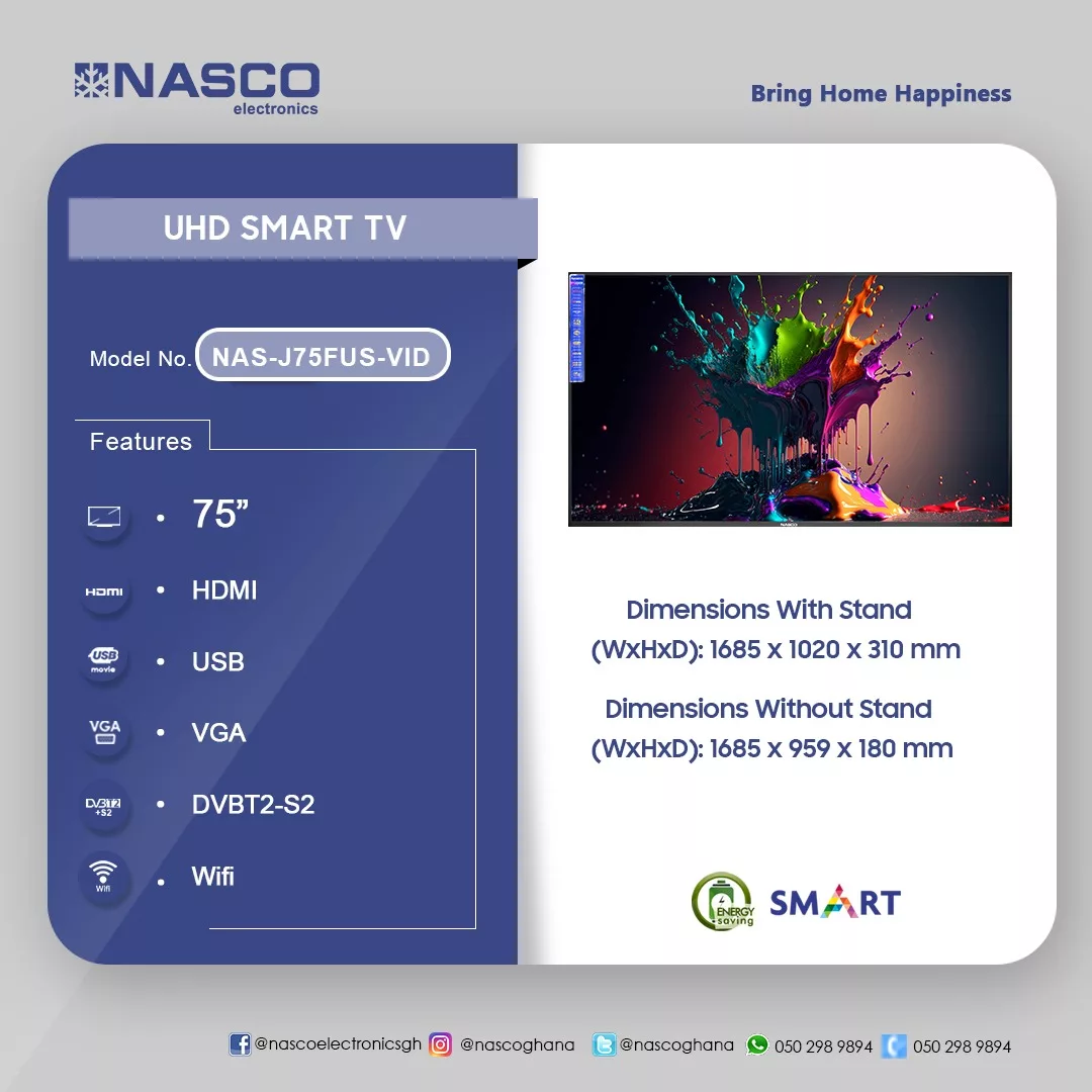 Nasco TV 75" UHD SMART  FLAT- VIDAA